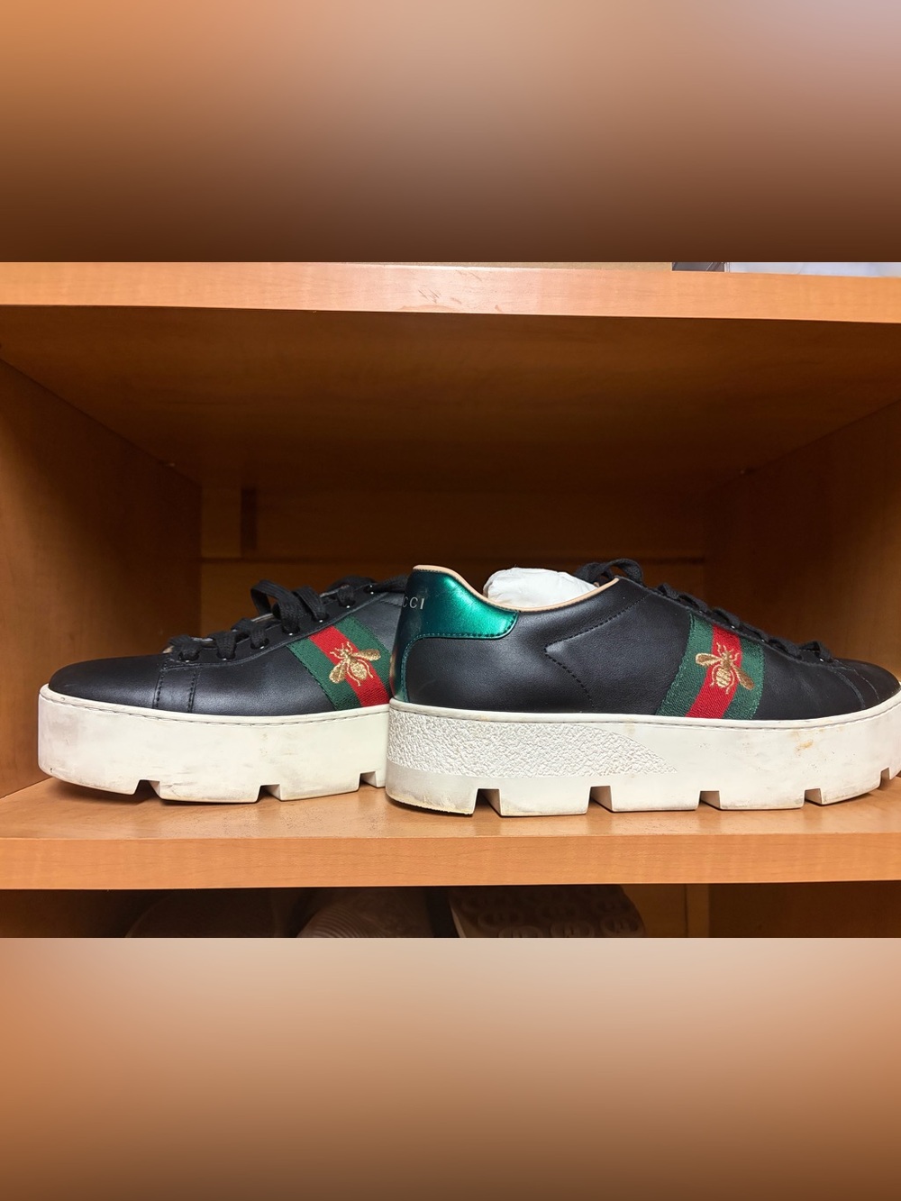Gucci Ace Bee Platform Black Sneakers Shoes size 8.5